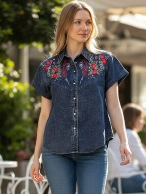 Pretty Bleu Vintage Women's Denim Short Sleeve Shirt with Floral Embroidery--M
